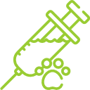 A simple syringe icon with a chemical structure inside, depicted in green.