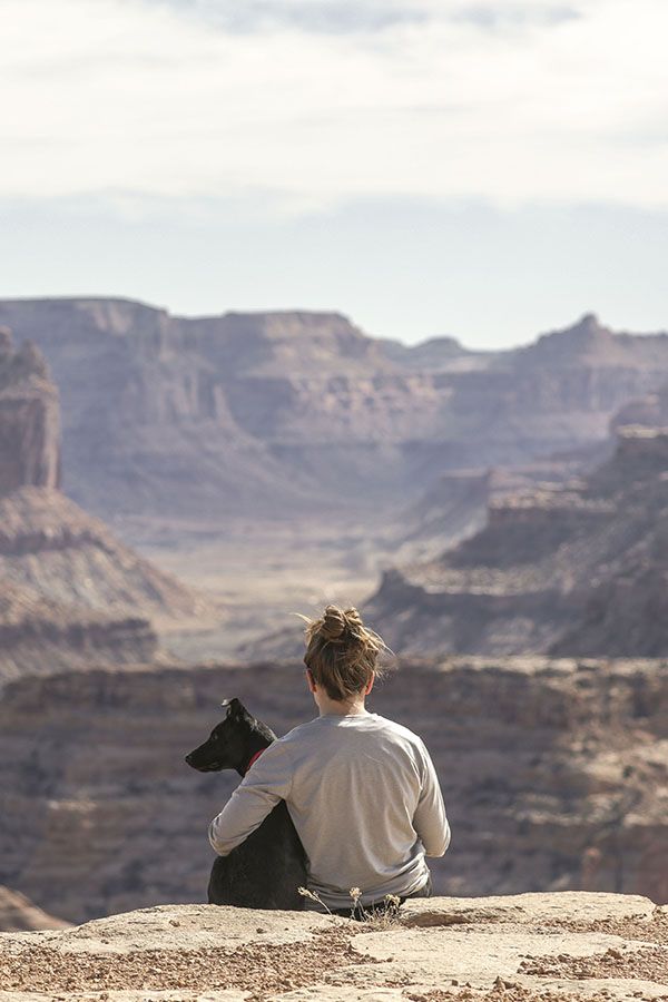 A person sits on a rock with a black dog, overlooking a scenic canyon landscape.