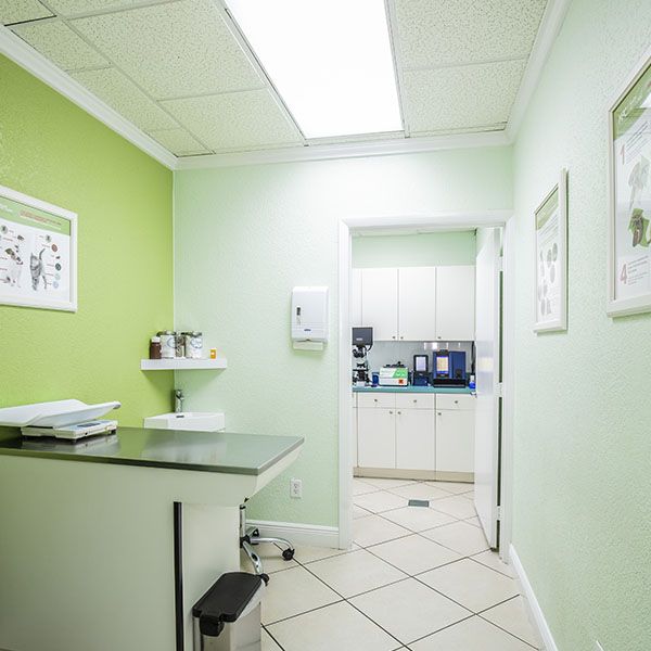 Small veterinary exam room with green walls, counter with scale, wall-mounted sanitizer, and a door leading to another room.