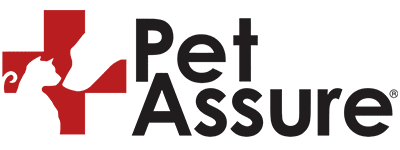 Red cross with a dog and cat silhouette alongside the text "Pet Assure."